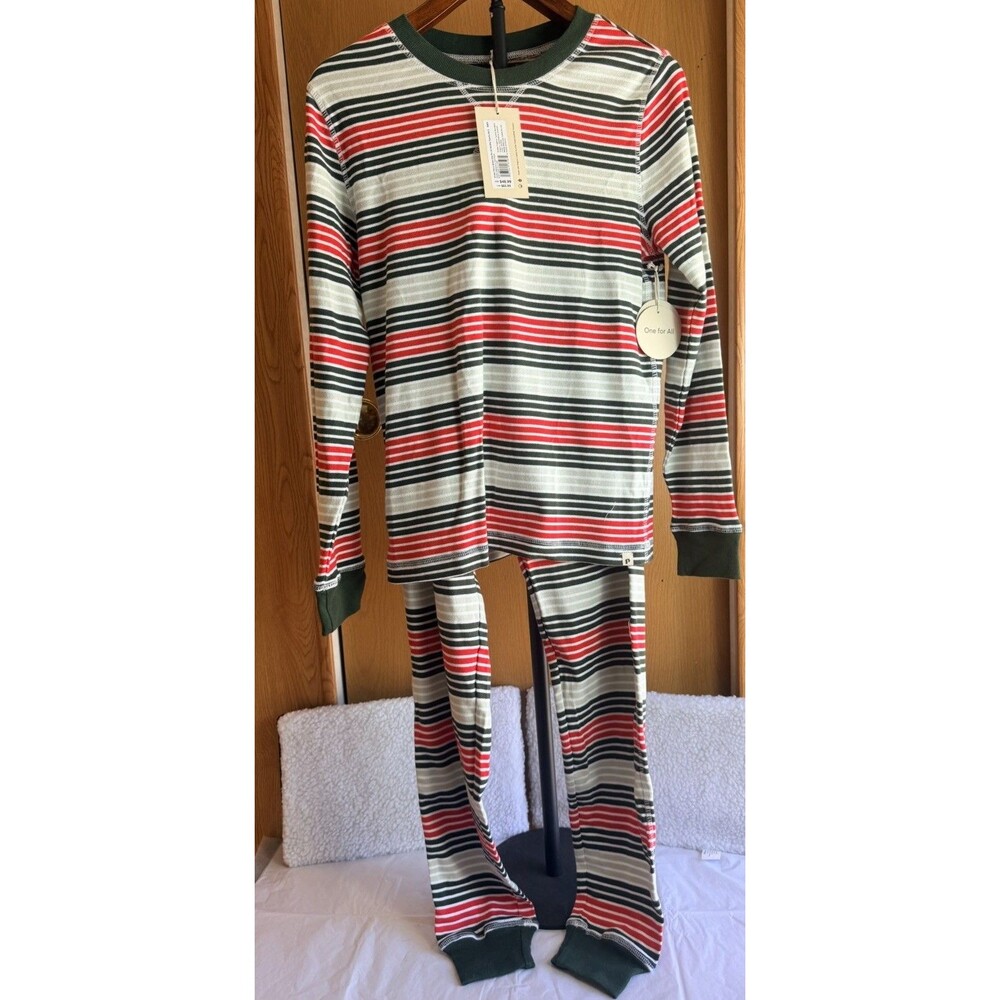 Pact Pajama Set Adult L Green Red Striped Organic Cotton Christmas Holiday PJ